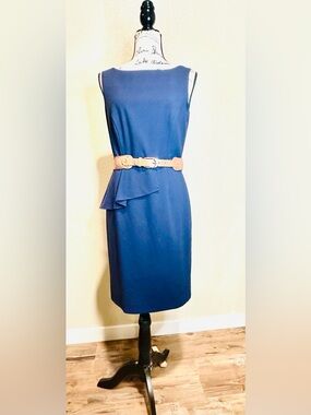 ANTONIO MELANI Austere Quiet Luxury Navy Blue Sheath Dress with Single Ruffle- 4